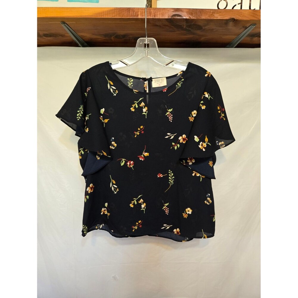 Sienna Sky Sheer Floral Ruffle Sleeve Blouse - Navy